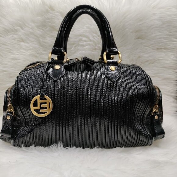 Elliott Lucca Black Patent Leather Handbag With Gold Accents Double Handle Bag - Picture 2 of 15
